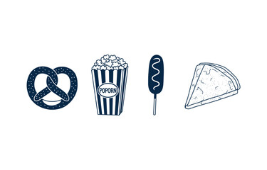 Hand drawn street food icons set with pretzel popcorn corn dog and pizza slice on white background. © Sayma Akter