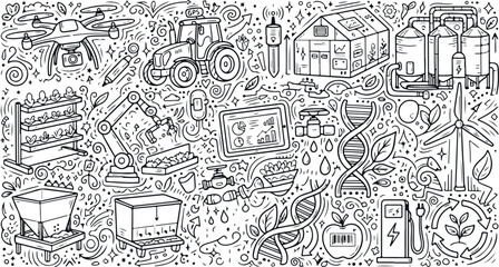 Fototapeta premium Modern smart agriculture and agritech doodle set showing robotic farming technology drones greenhouses and DNA modification symbols with agriculture technology agritech greenhouse