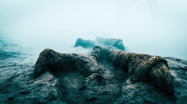 Tyrannosaurus rex footprint sequence leading into mist, growing larger, metaphor for growth and time's passage