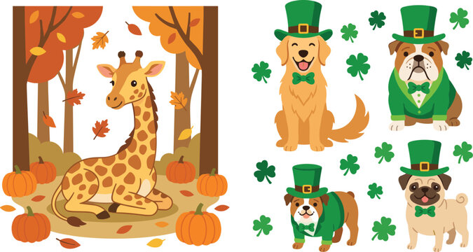 Cute Autumn Giraffe in Pumpkin Patch Forest and Saint Patricks Day Dogs with Green Top Hat and Shamrocks Graphic Illustration Collection Set
