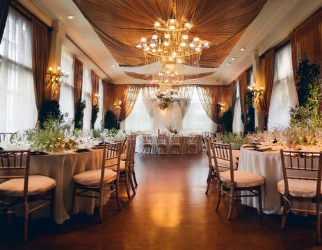 blurred background of elegant wedding reception with chandelier and string lights