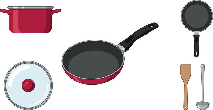 Red kitchen cookware vector icon set featuring frying pans cooking pot with glass lid wooden spatula and metal soup ladle for culinary design on white background