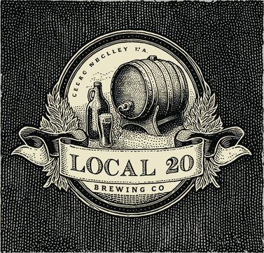 Vintage Craft Brewery Logo Badge with Beer Barrel and Ribbon on Dark Textured Background
