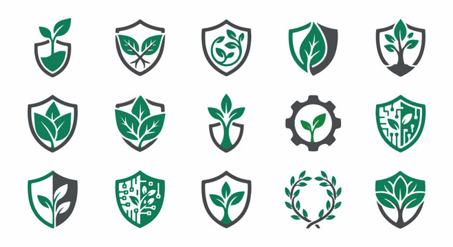 Set of eco friendly shield logo icons with plant leaf elements.