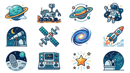 Modern Colorful Space Exploration and Astronomy Set with Planets Rockets Astronauts Telescopes and Satellites © Budi