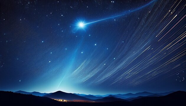 a dark blue starry night sy with a single bright shoting star streaking acros it