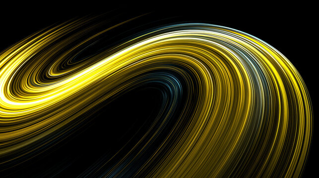 Flowing golden light wave black background with luminous curved trails. Dynamic abstract motion creates a cinematic graphics and technology artwork, presentations