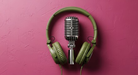 Fototapeta premium Professional Vintage Microphone with Green Headphones on Textured Pink Background for Podcast and Music Production