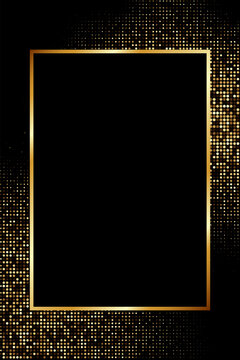 Luxury black and gold frame with glitter halftone background. Elegant vector border for posters, invitations, certificates, menus, social media, branding and premium presentation design.