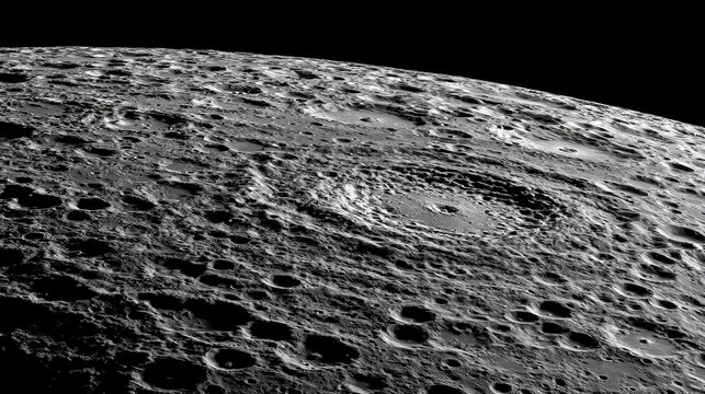 High-resolution lunar imagery with crater and surface texture close-up, celestial body isolated on black, scientific lighting