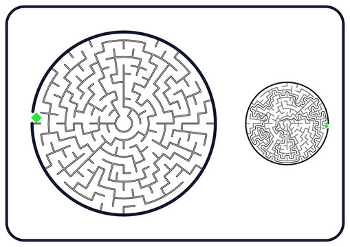Circular maze for kids, medium difficulty printable logic game, find the way from start to exit, black and white line art, activity worksheet page with solution