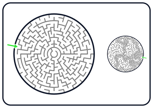 Round maze for kids, medium difficulty printable logic game, find the way from start to exit, black and white, line art, activity worksheet page with solution