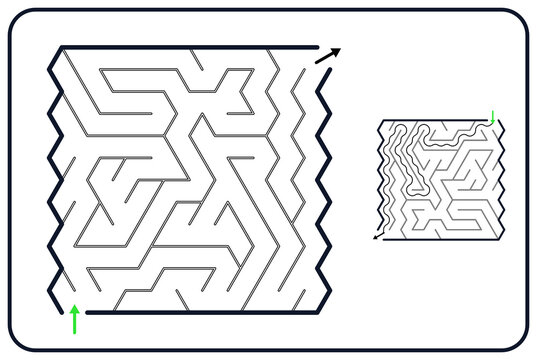 Rectangular maze for kids, medium difficulty printable logic game, find the way from start to exit, black and white line art, activity worksheet page with solution