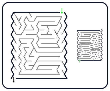 Rectangular maze for kids, medium difficulty printable logic game, find the way from start to exit, black and white line art, activity worksheet page with solution