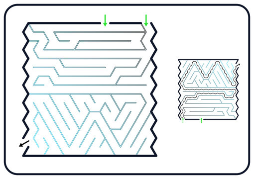 Rectangular maze for kids, medium difficulty printable logic game, find the way from start to exit, black and white line art, activity worksheet page with solution