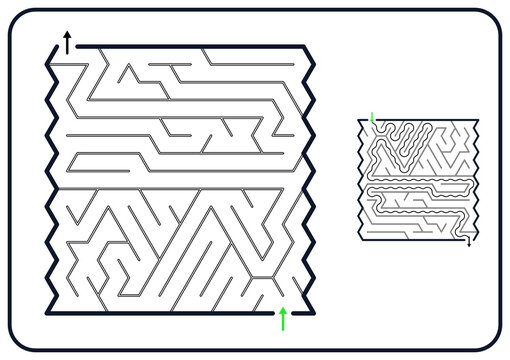 Rectangular maze for kids, medium difficulty printable logic game, find the way from start to exit, line art, activity worksheet page with solution