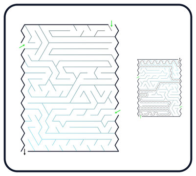 Rectangular maze for kids, medium difficulty printable logic game, find the way from start to exit, line art, activity worksheet page with solution
