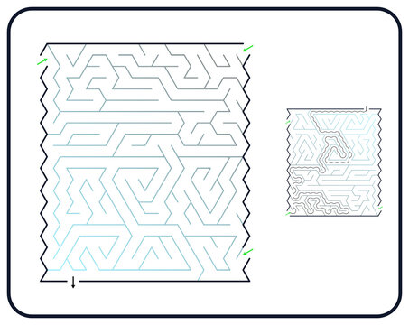 Rectangular maze for kids, medium difficulty printable logic game, find the way from start to exit, black and white line art, activity worksheet page with solution