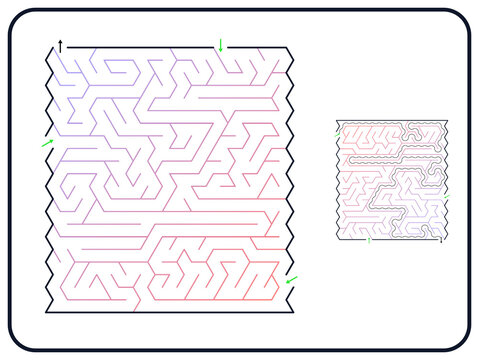 Triangular maze for kids, medium difficulty printable logic game, find the way from start to exit, line art, activity worksheet page with solution