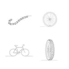 Fototapeta premium Collection of bike components and bicycle silhouettes in continuous line style for repair services.