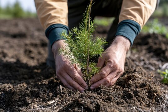 A close-up of a person planting a young pine seedling in rich soil. Represents environmental sustainability.