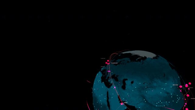 Aerial ozone layer perspective observing a cyber warfare globe background featuring a clean digital earth with no overlays inside a holographic network traffic, panoramic view.