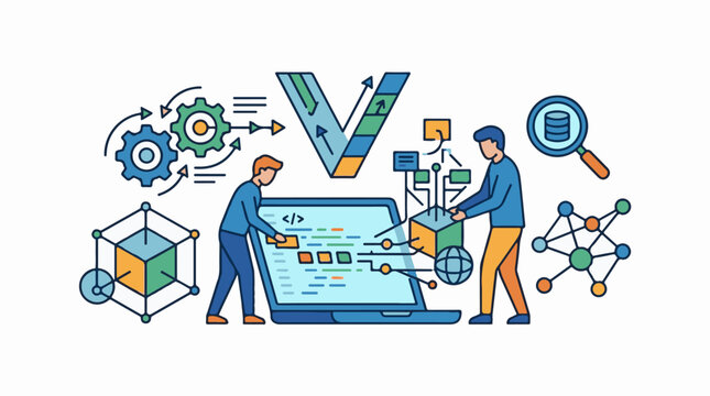 A colorful infographic illustration of two people working on coding on a laptop
