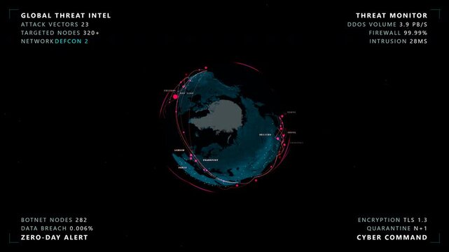 Top-down zenithal oversight of a cyber warfare globe featuring a glowing cyan and magenta digital earth with threat vectors inside a spinning digital network grid, panoramic view.