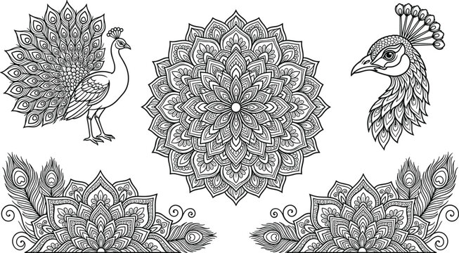 Intricate Black Line Art Peacock Mandala Set Featuring Detailed Bird Silhouettes and Ornamental Feather Corner Borders for Adult Coloring Page Designs