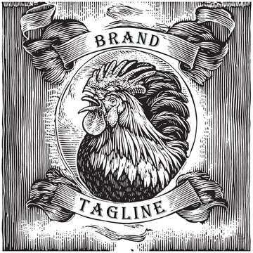 Vintage Crowing Rooster Emblem with Retro Scroll Ribbon Frame