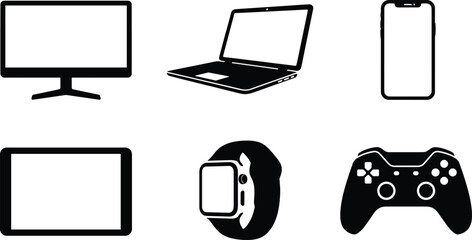 Modern Digital Devices Icon Set with Computer Laptop Smartphone Tablet Smartwatch and Gamepad © MstBabli