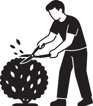 Man Trimming Garden Bush with Hedge Shears Flat Gardening Vector Silhouette Illustration