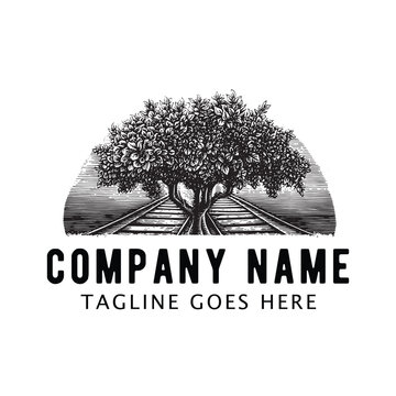 Vintage Tree Growing on Railroad Track Logo Template