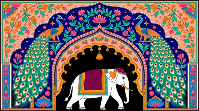 Indian elephants in the town seamless pattern. Ethnic wallpaper.
