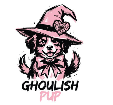 Pink Halloween Dog Graphic with Witch Hat and Bow Tie, Cute Ghoulish Pup Spooky Pastel Vector Illustration