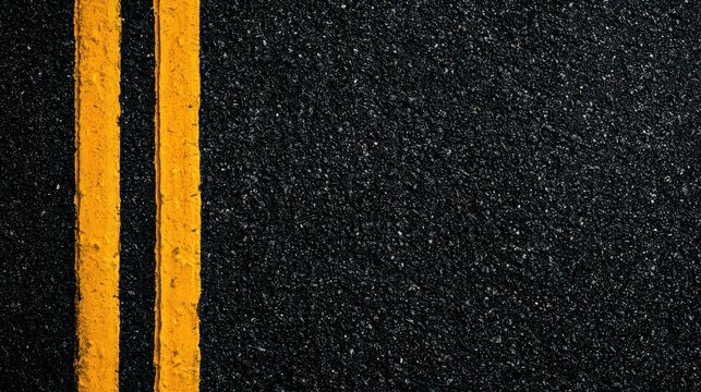 Dual yellow traffic lines painted on black asphalt road. Concepts of direction, guidance, and travel.