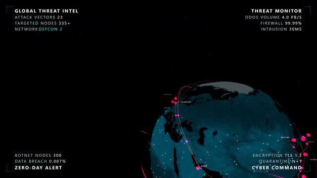 Aerial ozone layer perspective observing a cyber warfare globe featuring a glowing cyan and magenta digital earth with threat vectors inside a holographic network traffic, panoramic view.