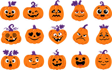 Naklejka premium Collection of 15 cartoon Halloween pumpkins with various facial expressions jack o lantern spooky