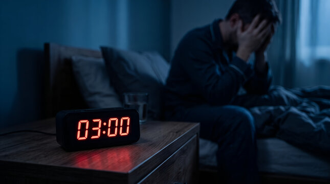 Man suffering from insomnia in bed at night, alarm clock shows 3am, feeling stressed and overwhelmed, dark bedroom, digital clock.