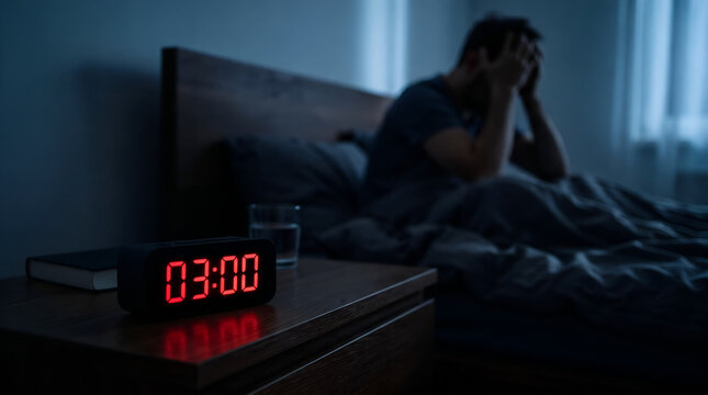 Stressed man sitting on bed at night looking at digital alarm clock showing 3 am suffering from insomnia and sleep disorders in dark bedroom with insomnia, sleeplessness