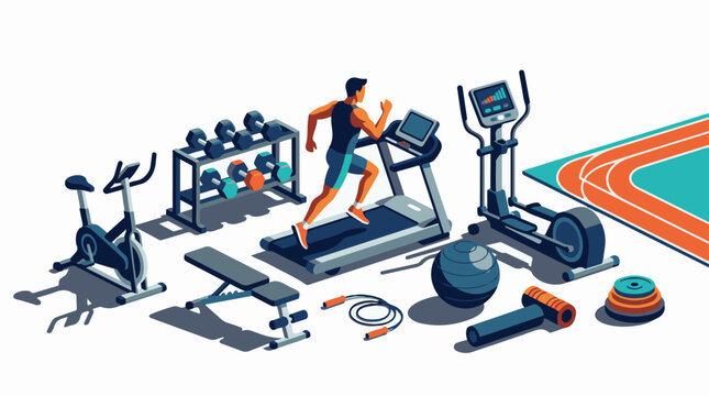 A man runs on a treadmill surrounded by various gym equipment