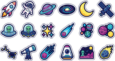 Cute Outer Space Sticker Collection with Rocket Ship Astronaut Alien UFO Planets Stars and Telescope Vector Illustration Isolated on White Background for Kids Prints © Saiful