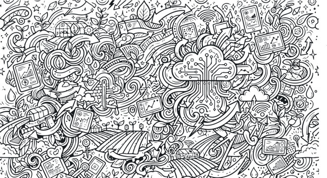 Smart farming technology doodle illustration showing digital integration and precision agriculture concepts with agriculture technology innovation precision automation landscape