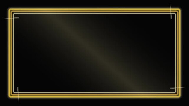 Golden neon frame with glowing light lines on black background. Elegant gold border animation for premium video overlays. Luxury metallic rectangular frame.