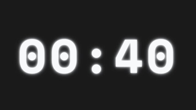 Digital countdown timer showing 40 seconds, glowing white neon numbers on black background, minimalist electronic clock display for video editing