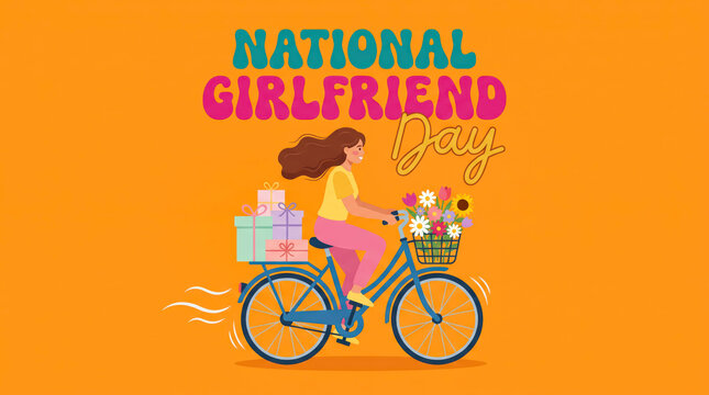 Woman riding bicycle with flowers and gift box on orange background