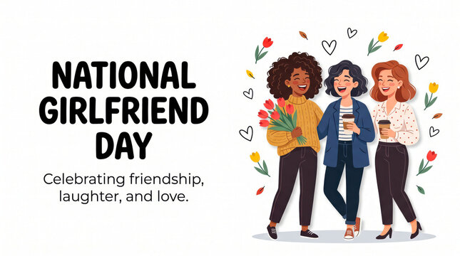 Three happy friends celebrating national girlfriend day with flowers