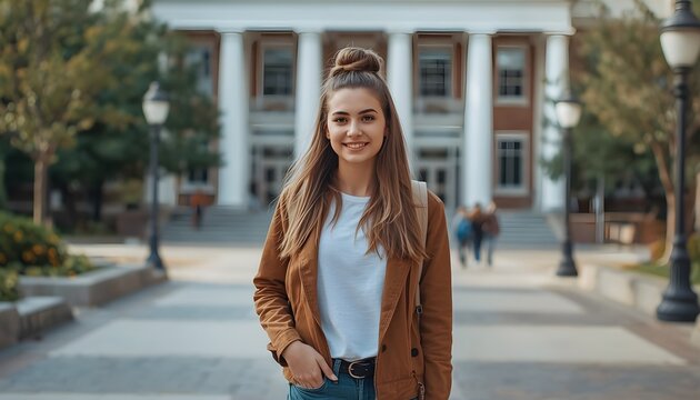 Young girl high school or college student She is on her way to class near university building
