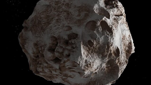 Satellite in Space passing asteroid, 3d animation
