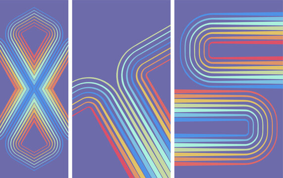 Objects composed of multiple multicolored lines. Creative background for creativity. Glow effect. Bright neon curves. Color gradients. Retro-style background. Vector for cover, card, presentation, etc